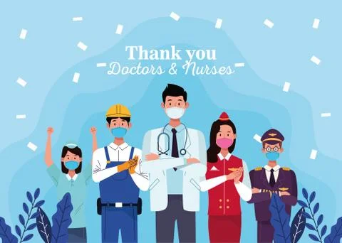 Group of workers using face masks with thank you doctors and nurses message Stock Illustration