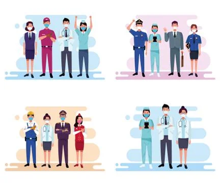 Group of workers using face masks Illustrazione stock