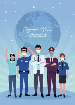 Group of workers using face masks and together we are invincible Illustrazione stock