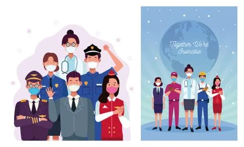 Group of workers using face masks and together we are invincible Illustrazione stock