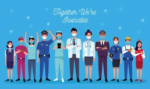Group of workers using face masks and together we are invincible Illustrazione stock