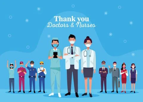 Group of workers using face masks with thank you doctors and nurses message Stock Illustration
