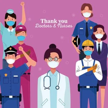 Group of workers using face masks with thank you doctors and nurses message Illustrazione stock