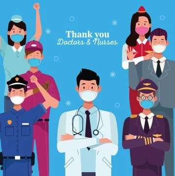 Group of workers using face masks with thank you doctors and nurses message Stock Illustration