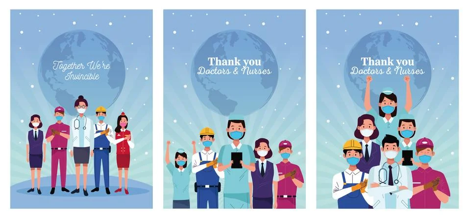 Group of workers using face masks and positive messages Illustrazione stock