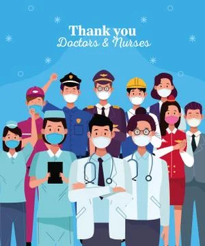 Group of workers using face masks with thank you doctors and nurses message Illustrazione stock