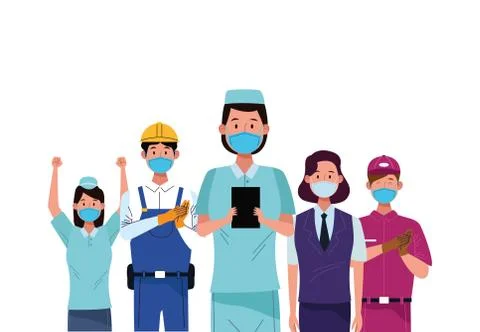 Group workers using face masks for covid19 Illustrazione stock