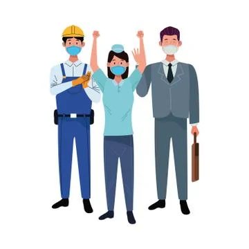 Group workers using face masks for covid19 Illustrazione stock