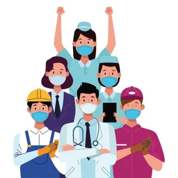Group workers using face masks for covid19 Illustrazione stock