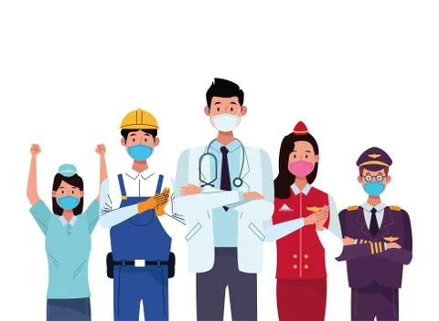 Group workers using face masks for covid19 Illustrazione stock