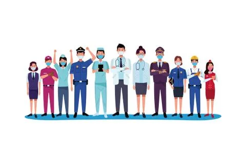 Group workers using face masks for covid19 Illustrazione stock