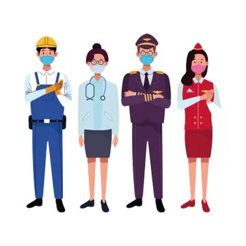 Group workers using face masks for covid19 Illustrazione stock