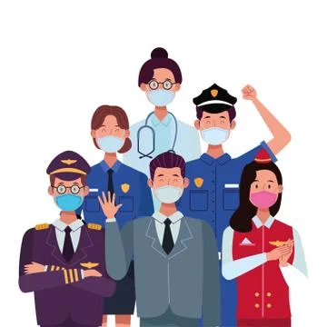 Group workers using face masks for covid19 Illustrazione stock