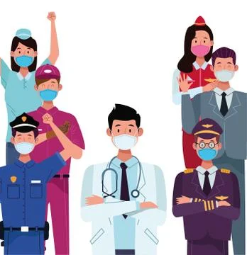 Group workers using face masks for covid19 Illustrazione stock
