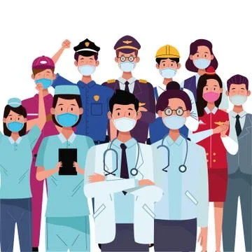 Group workers using face masks for covid19 Illustrazione stock