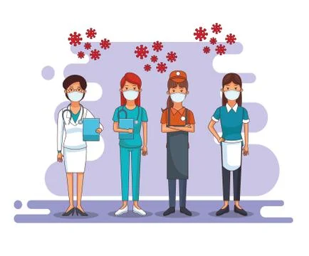 Group of workers using face masks for covid19 Illustrazione stock