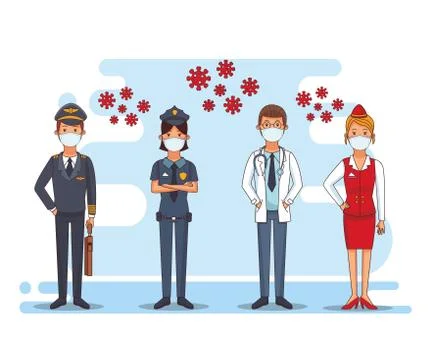 Group of workers using face masks for covid19 Illustrazione stock