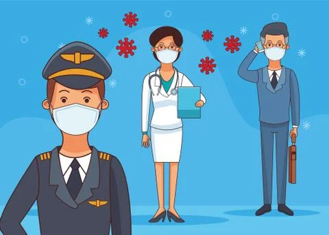 Group of workers using face masks for covid19 Illustrazione stock