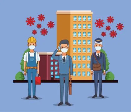 Group of workers using face masks for covid19 Illustrazione stock