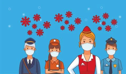 Group of workers using face masks for covid19 Illustrazione stock