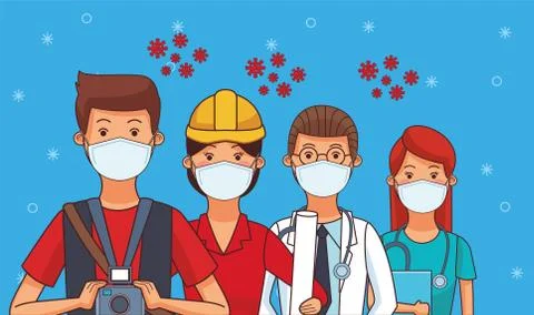 Group of workers using face masks for covid19 Illustrazione stock
