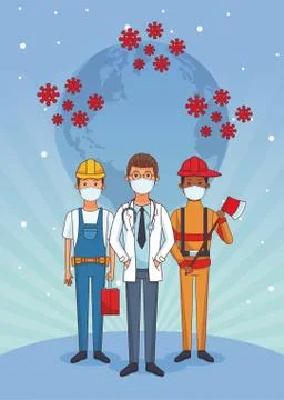 Group of workers using face masks for covid19 Illustrazione stock