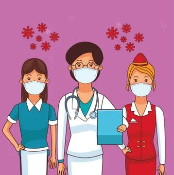 Group of workers using face masks for covid19 Illustrazione stock