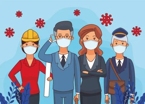 Group of workers using face masks for covid19 Illustrazione stock