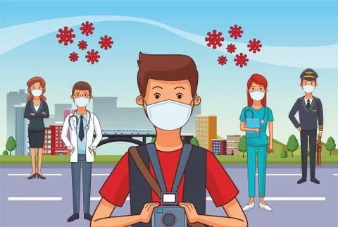 Group of workers using face masks for covid19 Illustrazione stock