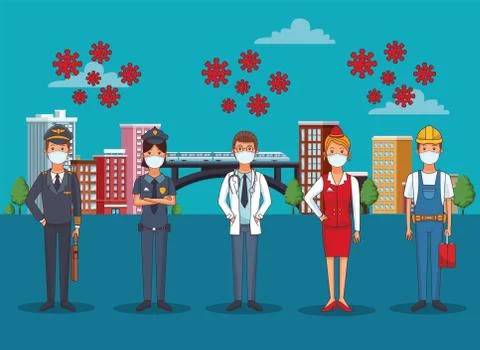 Group of workers using face masks for covid19 Illustrazione stock