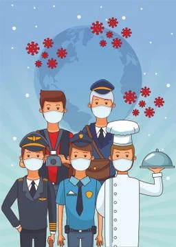 Group of workers using face masks for covid19 Illustrazione stock