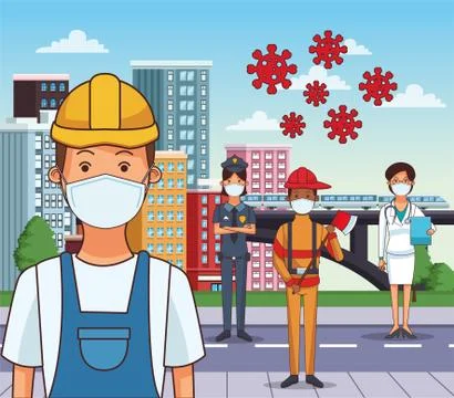 Group of workers using face masks for covid19 Illustrazione stock