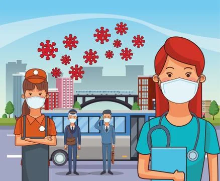 Group of workers using face masks for covid19 Illustrazione stock