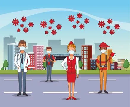 Group of workers using face masks for covid19 Illustrazione stock