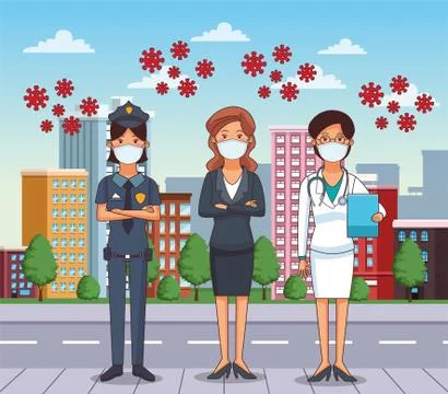 Group of workers using face masks for covid19 Illustrazione stock