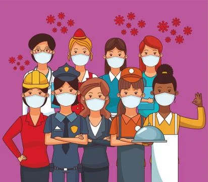 Group of workers using face masks for covid19 Illustrazione stock