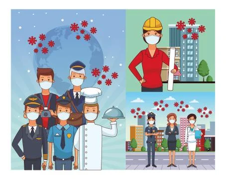 Group of workers using face masks for covid19 Illustrazione stock
