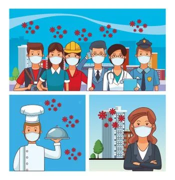 Group of workers using face masks for covid19 Illustrazione stock