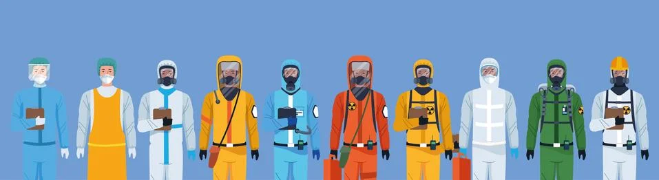 Group of workers using protection virus suits characters Illustrazione stock