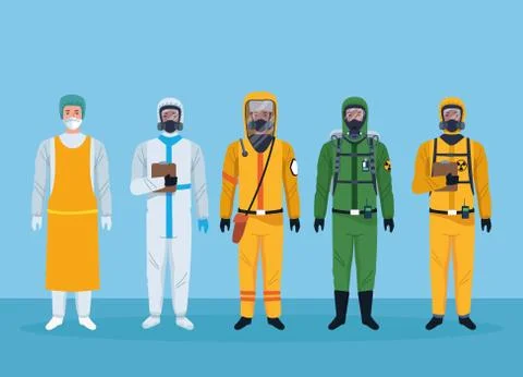 Group of workers using protection virus suits characters Illustrazione stock