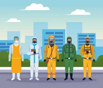 Group of workers using protection virus suits on the city Illustrazione stock