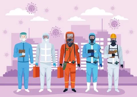 Group of workers using protection virus suits and covid19 particles on the city Illustrazione stock