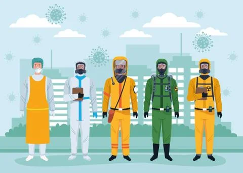 Group of workers using protection virus suits and covid19 particles on the city Illustrazione stock