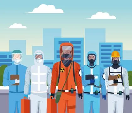 Group of workers using protection virus suits on the city Illustrazione stock