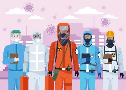 Group of workers using protection virus suits and covid19 particles on the city Illustrazione stock