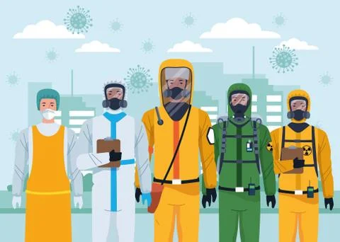 Group of workers using protection virus suits and covid19 particles on the city Illustrazione stock