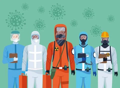 Group of workers using protection virus suits and covid19 particles Illustrazione stock