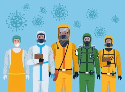 Group of workers using protection virus suits and covid19 particles Illustrazione stock