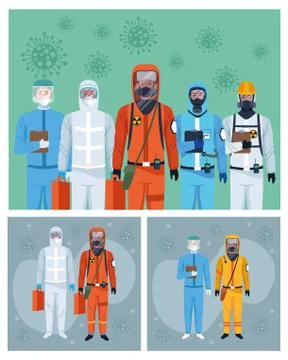Group of workers using protection virus suits and covid19 particles Illustrazione stock