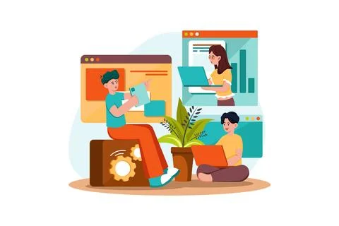 A group of workers working on projects in a team Stock Illustration